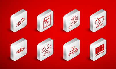 Poster - Set line Server, Data, Web Hosting, Unknown document, Search location, FTP cancel operation, Folder tree, UFO flying spaceship and alien, Two crossed hammers and icon. Vector