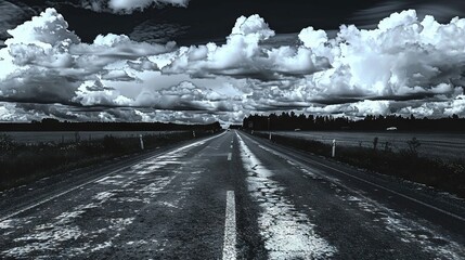 Canvas Print -   A monochrome image depicts a road with cloudy skies in the center and trees on either side