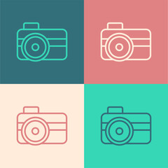 Poster - Pop art line Photo camera for diver icon isolated on color background. Foto camera icon. Diving underwater equipment. Vector