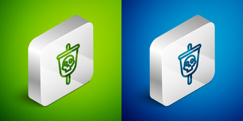 Sticker - Isometric line Pirate flag icon isolated on green and blue background. Silver square button. Vector