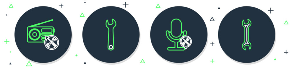 Sticker - Set line Wrench, Microphone service, Radio and icon. Vector