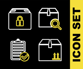 Poster - set line search package, cardboard box with traffic, verification of delivery list and locked icon. 