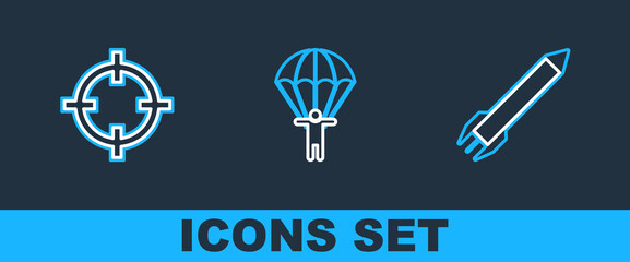 Poster - Set line Rocket, Target sport and Parachute icon. Vector