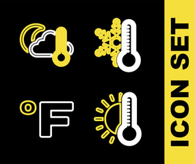 Poster - Set line Thermometer with snowflake, sun, Fahrenheit and and cloud, moon icon. Vector