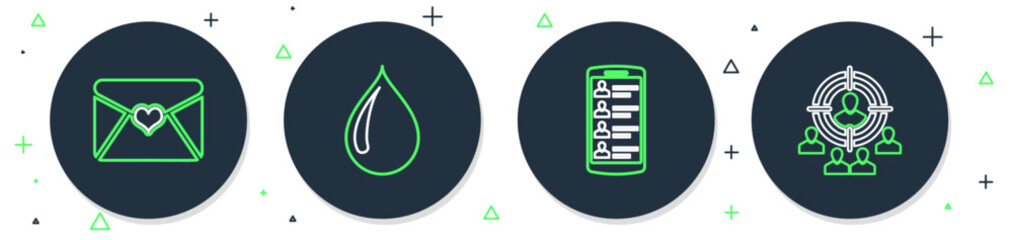 Poster - Set line Water drop, Smartphone with contacts, Envelope Valentine heart and Marketing target strategy icon. Vector