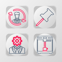 Poster - set line coffee machine and cup, head with gear inside, push pin and human resources icon. vector