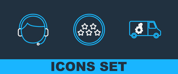 Poster - Set line Car service, Man with headset and Five stars rating review icon. Vector