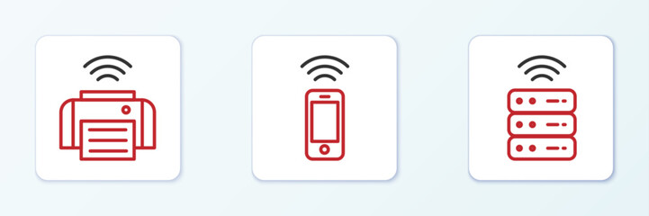 Poster - Set line Smart server, printer and Wireless smartphone icon. Vector