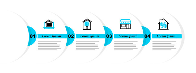 Poster - set line house with percant discount, market store, and online real estate house icon. vector