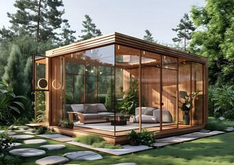 Wall Mural - A modern glass cabin in the woods