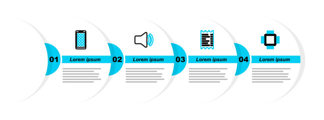 Poster - Set line Processor with CPU, Paper financial check, Speaker volume and Mobile Apps icon. Vector