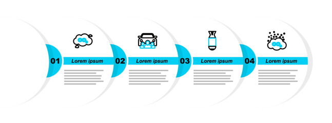 Poster - Set line CO2 emissions in cloud, Aviation bomb, Car sharing and icon. Vector