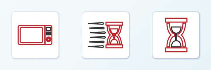 Poster - Set line Old hourglass with sand, Microwave oven and icon. Vector