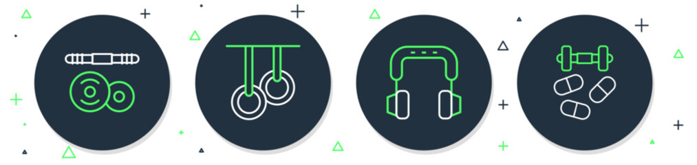 Poster - Set line Gymnastic rings, Headphones, Barbell and Sports doping with dumbbell icon. Vector