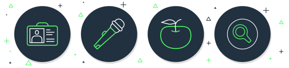 Poster - set line microphone, apple, identification badge and magnifying glass icon. vector