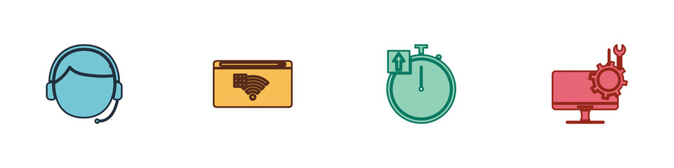 Poster - Set Man with a headset, No Internet connection, Stopwatch and Computer monitor service icon. Vector