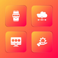 Poster - Set Mobile and password, Network cloud connection, Monitor with and Hand settings gear icon. Vector
