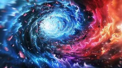 Wall Mural -   A macroscopic image of a spiral pattern featuring a central navy blue region encircled by scarlet, ochre, and azure whirls