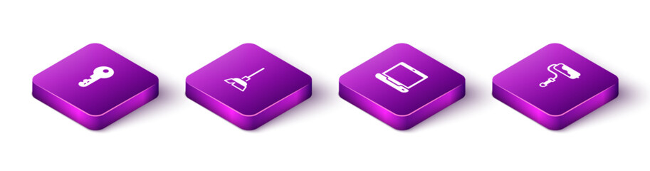 Poster - Set Isometric House key, Handle broom, Laptop and Paint roller brush icon. Vector