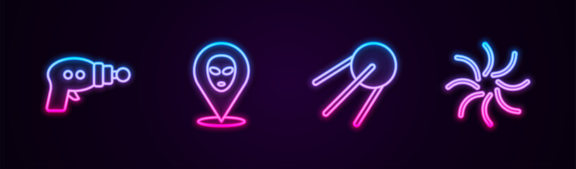 Poster - Set line Ray gun, Alien, Satellite and Black hole. Glowing neon icon. Vector