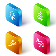 Poster - set isometric line racket, pyramid toy, microphone and slingshot icon. vector