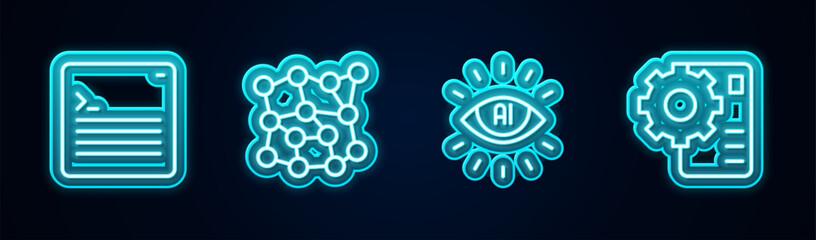 Poster - Set line Web developer programming code, Neural network, Artificial intelligence AI and . Glowing neon icon. Vector