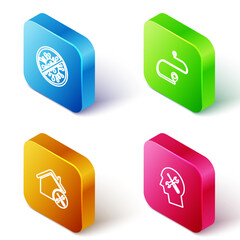 Sticker - Set Isometric line Stop virus, bacteria, Route location, House service and Human head icon. Vector