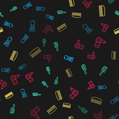 Poster - set line shaving brush, hairbrush, and dryer on seamless pattern. vector