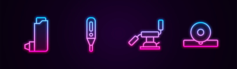 Wall Mural - Set line Inhaler, Medical digital thermometer, dental chair and Otolaryngological head reflector. Glowing neon icon. Vector