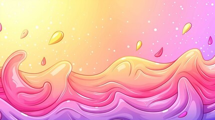 Wall Mural -  A vibrant artwork depicts a wave of pink and yellow hues with water droplets cascading from above and below