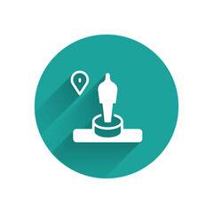 Poster - White Map pin and monument icon isolated with long shadow. Navigation, pointer, location, map, gps, direction, place, compass, search concept. Green circle button. Vector