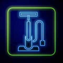 Sticker - Glowing neon Bicycle air pump icon isolated on blue background. Vector