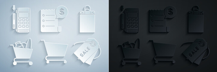 Poster - Set Shopping cart, Paper shopping bag, and food, Price tag with inscription Sale, check financial check and Pos terminal inserted credit card icon. Vector
