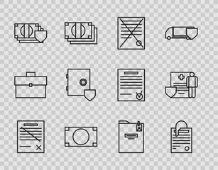 Poster - Set line Delete file document, File and paper clip, Stacks money cash, Money with shield, Safe, Personal folder and Medical clipboard clinical record icon. Vector