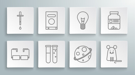 Fototapete - Set line Glasses, Book, Test tube and flask chemical laboratory, Planet, Rat, Light bulb with concept of idea, Medicine bottle pills and Pipette icon. Vector