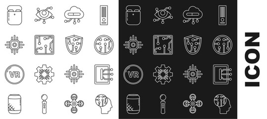 Poster - Set line Human brain as digital circuit board, Tablet, Processor, Internet of things, Air headphones box and Cyber security icon. Vector