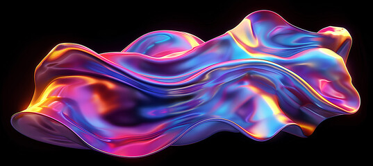 Bold holographic liquid blob shape isolated. Iridescent wavy melted substance on black background
