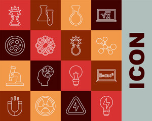 Poster - Set line Light bulb with lightning, Equation solution, Molecule, Test tube and flask, Atom, Bacteria, and icon. Vector