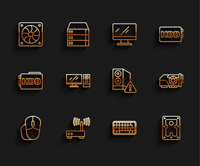 Poster - Set line Computer mouse, Router and wi-fi signal, cooler, Keyboard, Hard disk drive HDD, monitor, Video graphic card and Case of computer icon. Vector