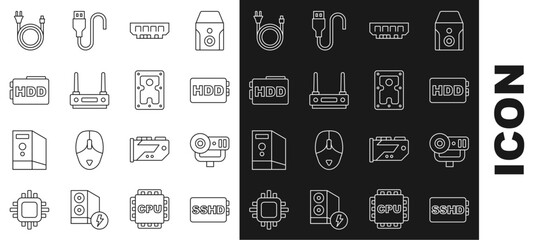 Poster - Set line SSHD card, Web camera, Hard disk drive HDD, RAM, random access memory, Router wi-fi signal, Electric plug and icon. Vector