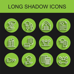 Poster - Set line House key, Realtor, with shield, Calculator, Car sharing, Credit card, contract and estate icon. Vector