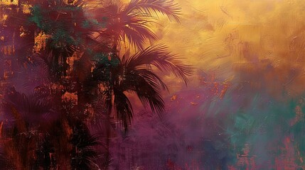 Canvas Print -  A painting of a palm tree against a backdrop of yellow, purple, and blue skies with scattered clouds