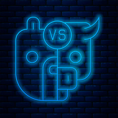 Poster - Glowing neon line Bull and bear symbols of stock market trends icon isolated on brick wall background. The growing and falling market. Wild Animals. Vector