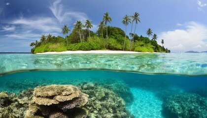 Poster - tropical island and coral reef split view with waterline