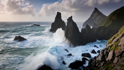 Poster - jagged black rocks jutting out from the shoreline with crashing waves creating a dramatic and dynamic scene