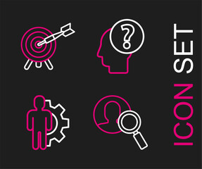 Poster - Set line Magnifying glass for search a people, Human with gear inside, head question mark and Target arrow icon. Vector
