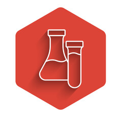 Sticker - White line Test tube and flask chemical laboratory test icon isolated with long shadow background. Laboratory glassware sign. Red hexagon button. Vector