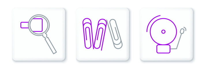 Poster - Set line Ringing alarm bell, Magnifying glass and Paper clip icon. Vector