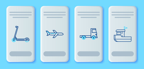 Poster - Set line Plane, Delivery cargo truck vehicle, Scooter and Fishing boat icon. Vector