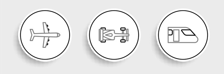 Poster - Set line Train, Plane and Formula race car icon. Vector